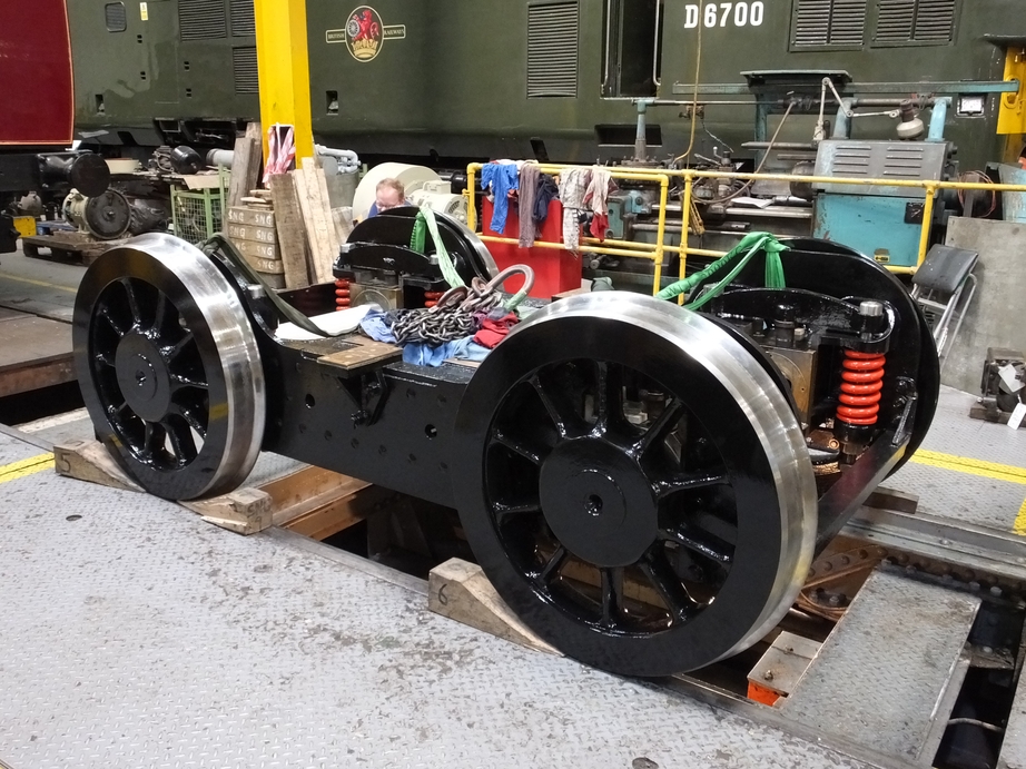 The assembled bogie on the wheel drop in the National Railway Museum workshop