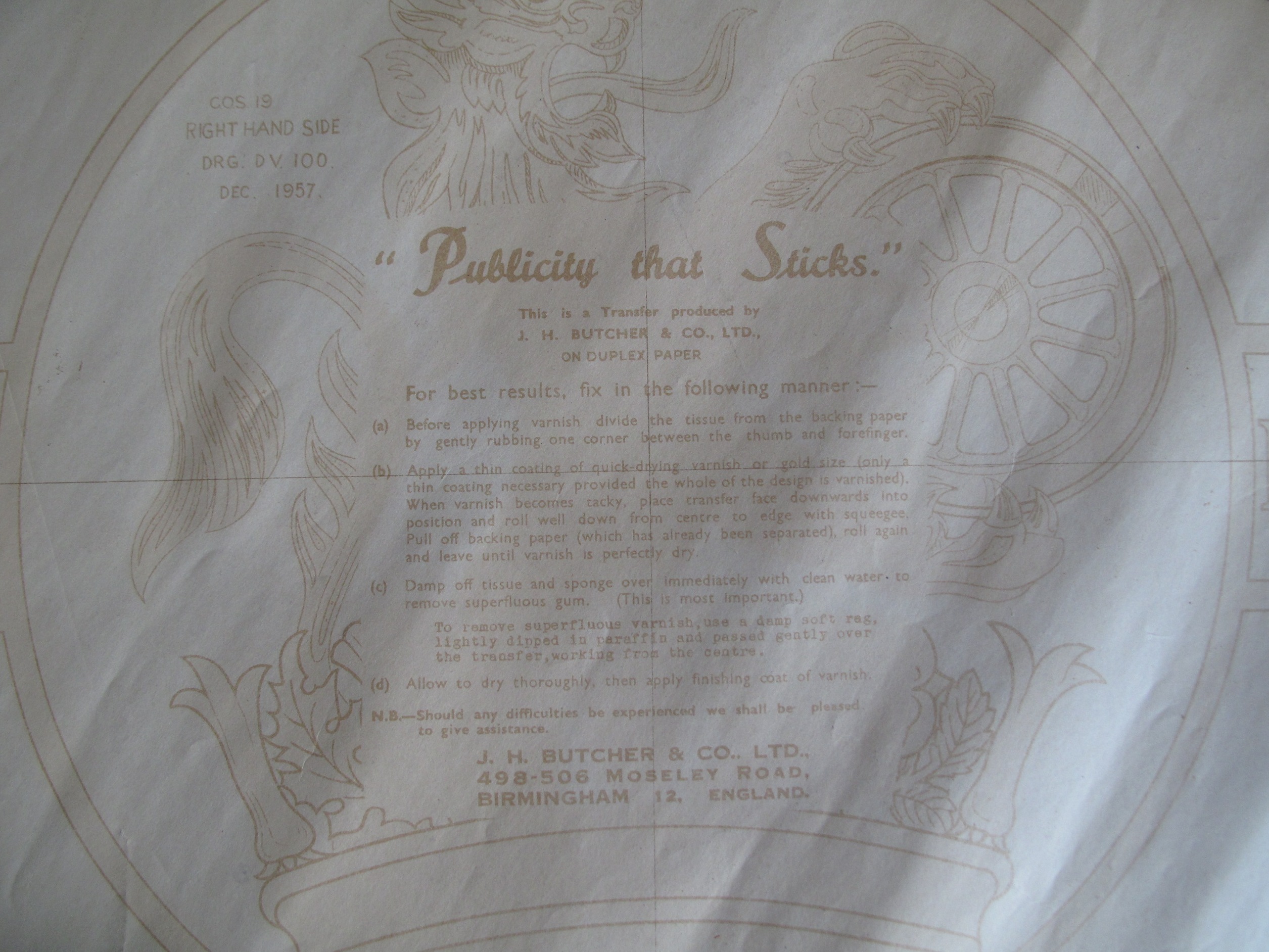 Varnish Fix Transfers Instructions "Publicity That Sticks". Application instructions on the back of a historical tansfer dated 1957