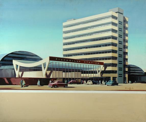 Painting, oil on canvas, Manchester's New Station, Piccadilly, by Claude Buckle, 1960