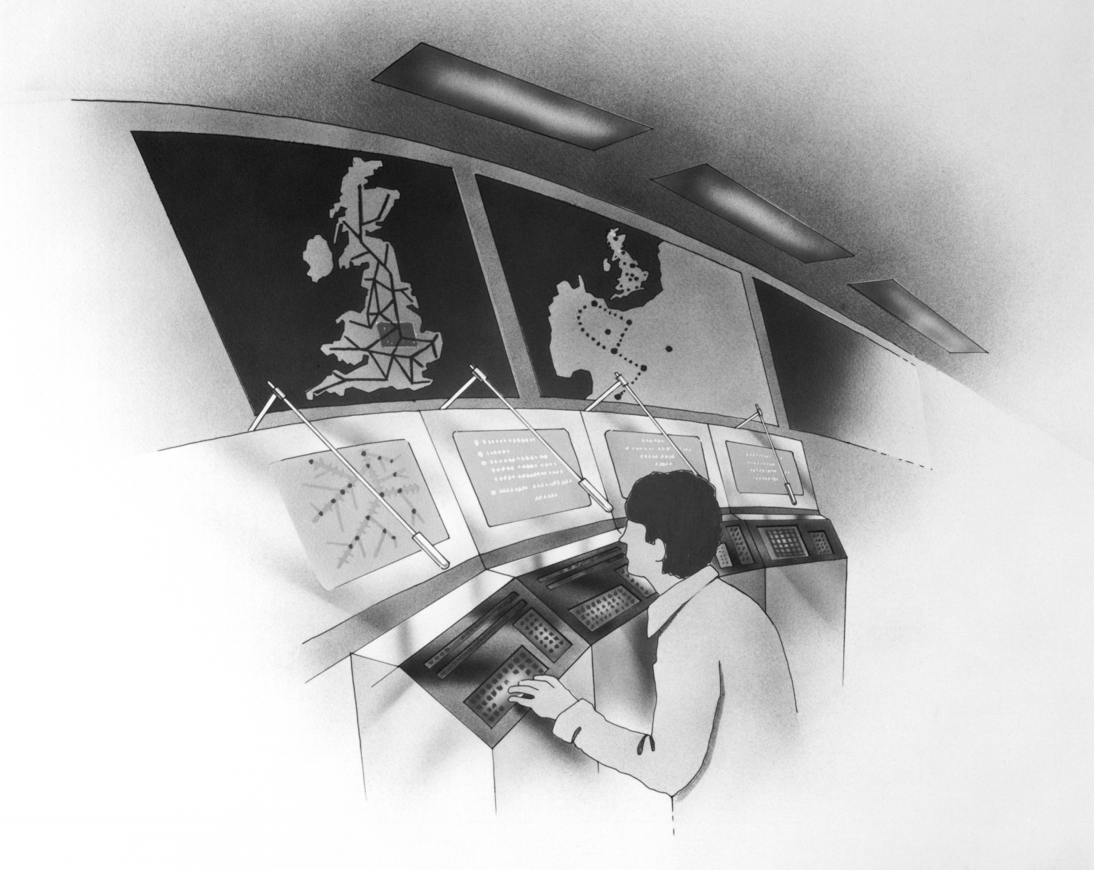 Concept drawing of train controller at work station. 