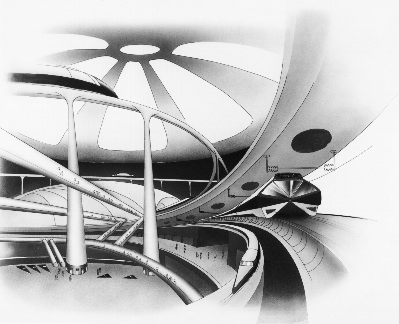 Concept drawing of futuristic station or airport with railway links and passenger 'tubes'.