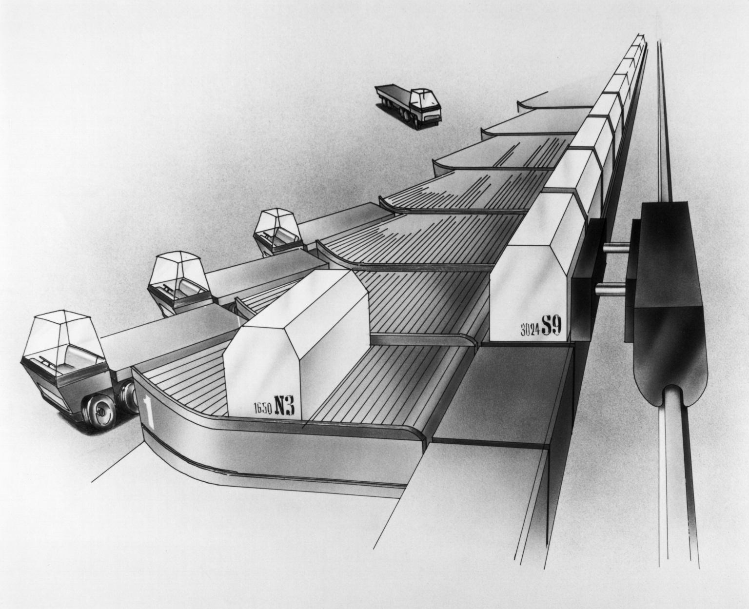 Concept drawing of theoretical rail freight system with railway wagons being unloaded automatically onto trucks.