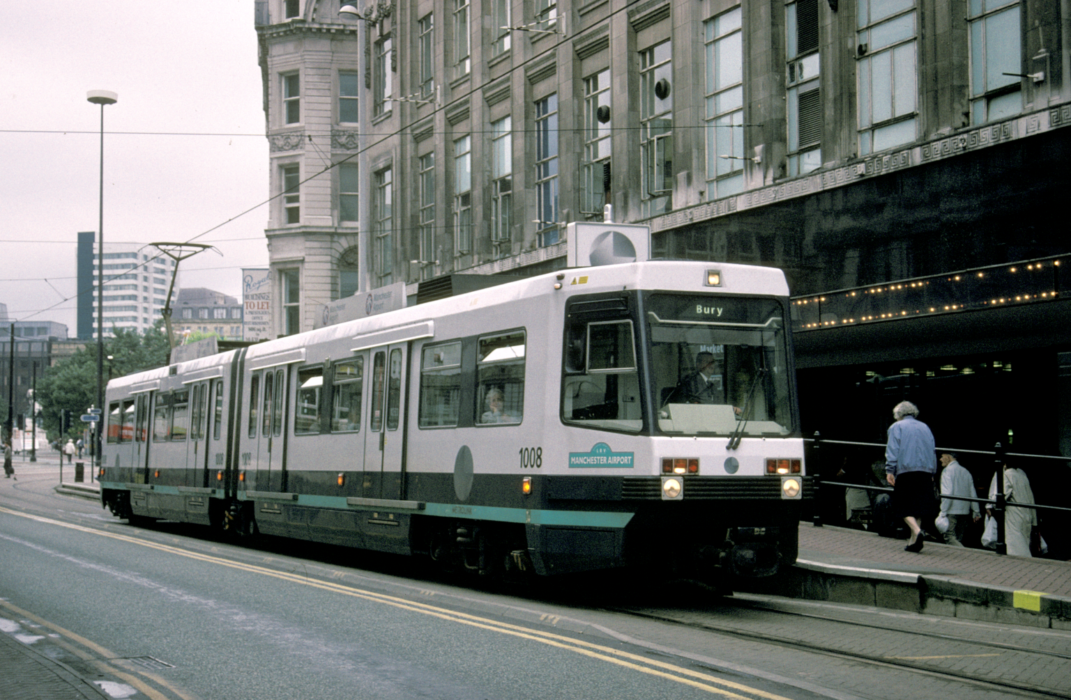 Electric tram in Manchester City Centre heading for Bury, Greater Manchester, on the Manchester Metro, 1996.