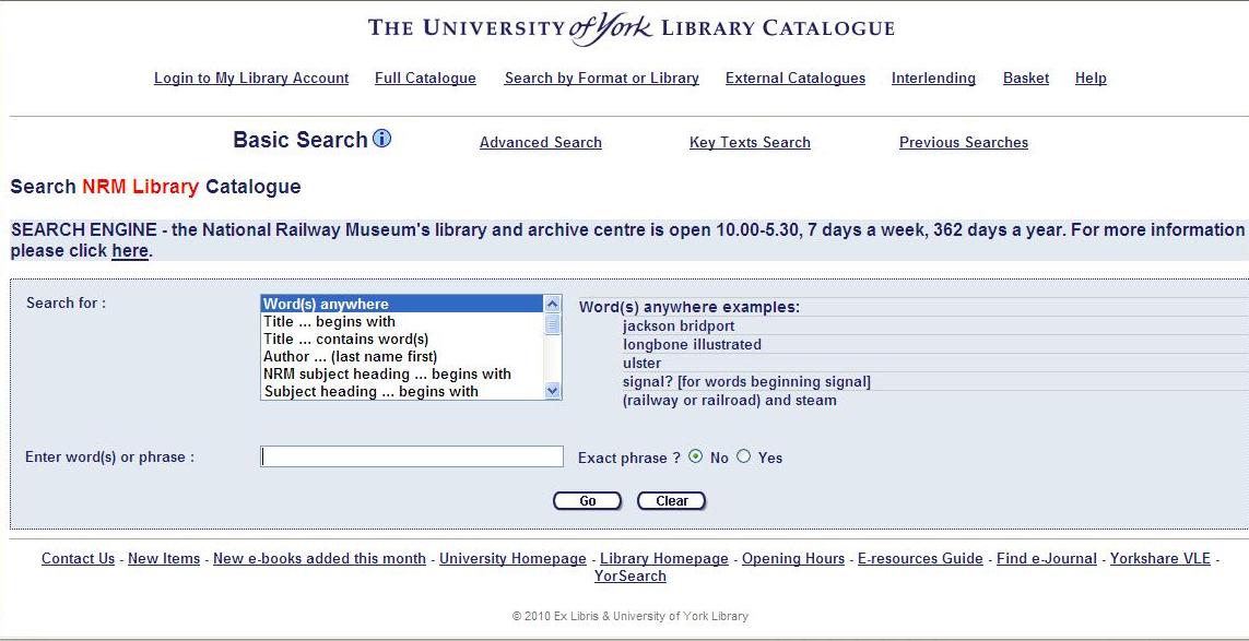 Old version of library catalogue