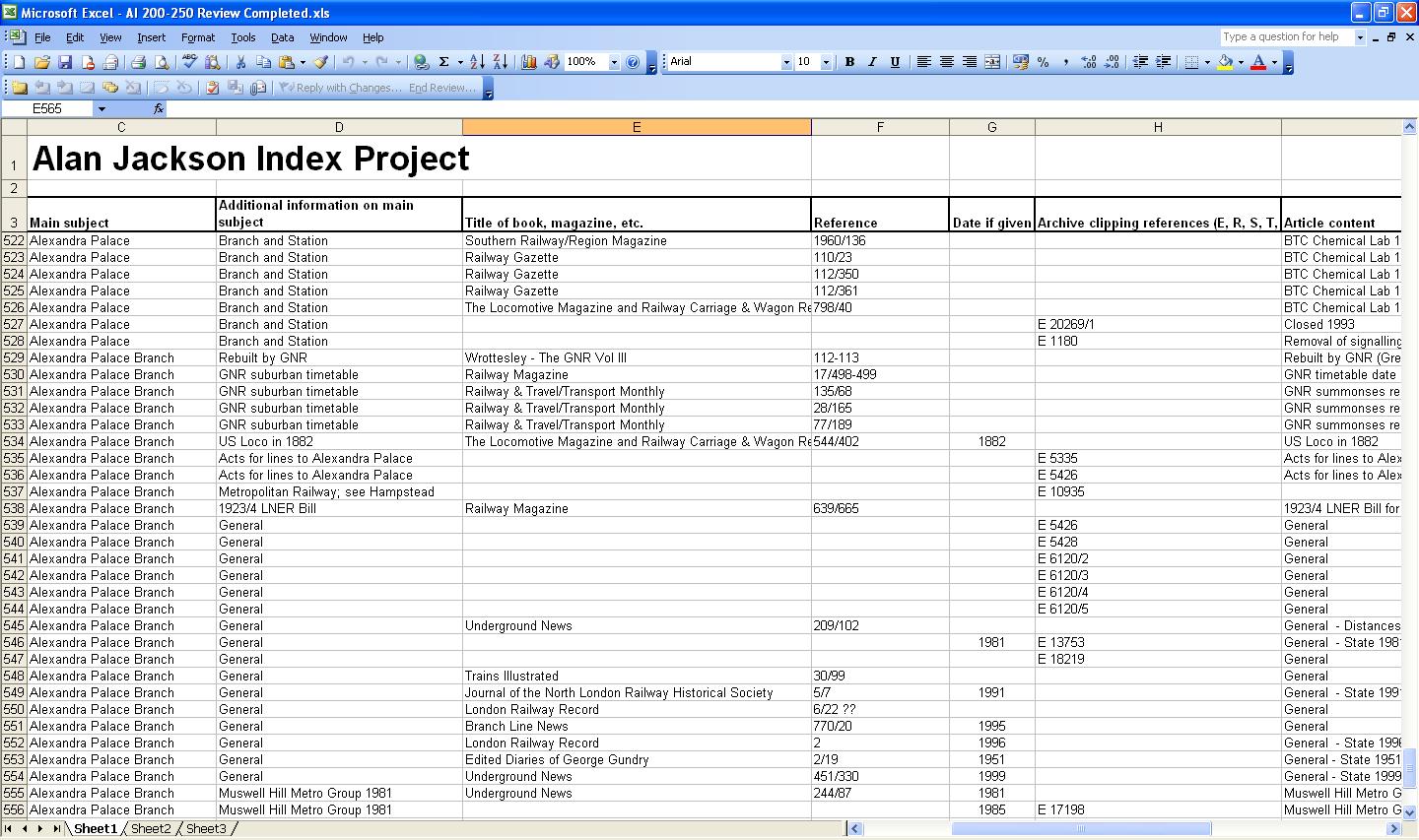 An example spreadsheet, used for transcribing data from the Alan Jackson index cards.