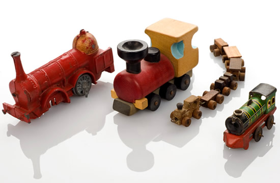 These toy trains were used to assess Children's psychological states in Lowenfield Projective Play Therapy.