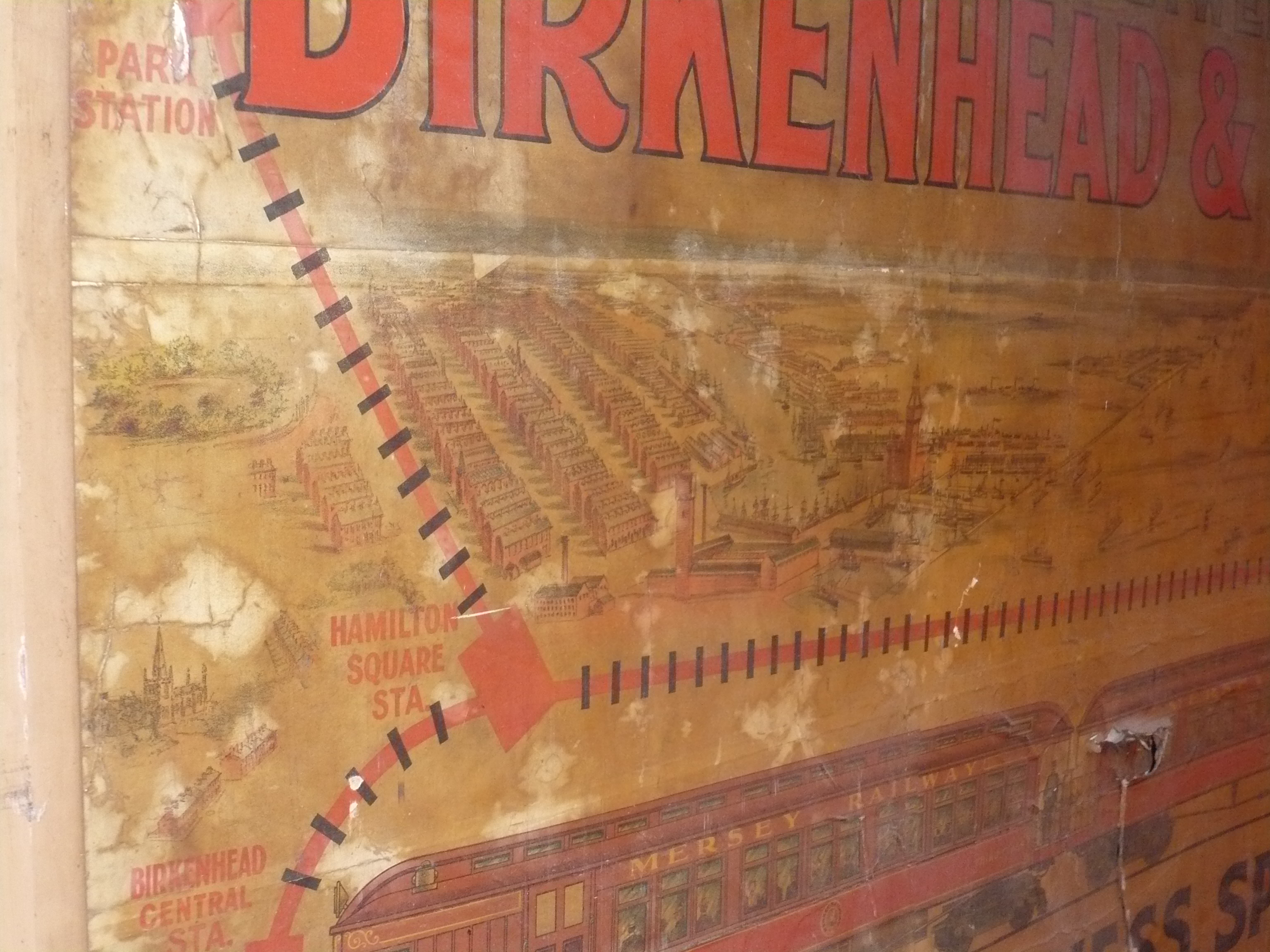 Mersey Railway poster, detail, showing dirt and damage, Sept 2011