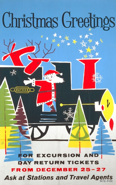 Poster, British Railways (Southern Region), ‘Christmas Greeting’, 1960. Coloured lithograph of a cartoon depicting Santa Claus and two reindeer riding a steam locomotive through pine trees. The engine carries a 