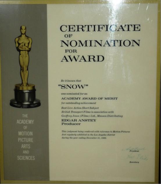 1991-7829 Nomination for Award, Laminated certificate for “Snow” 1965.