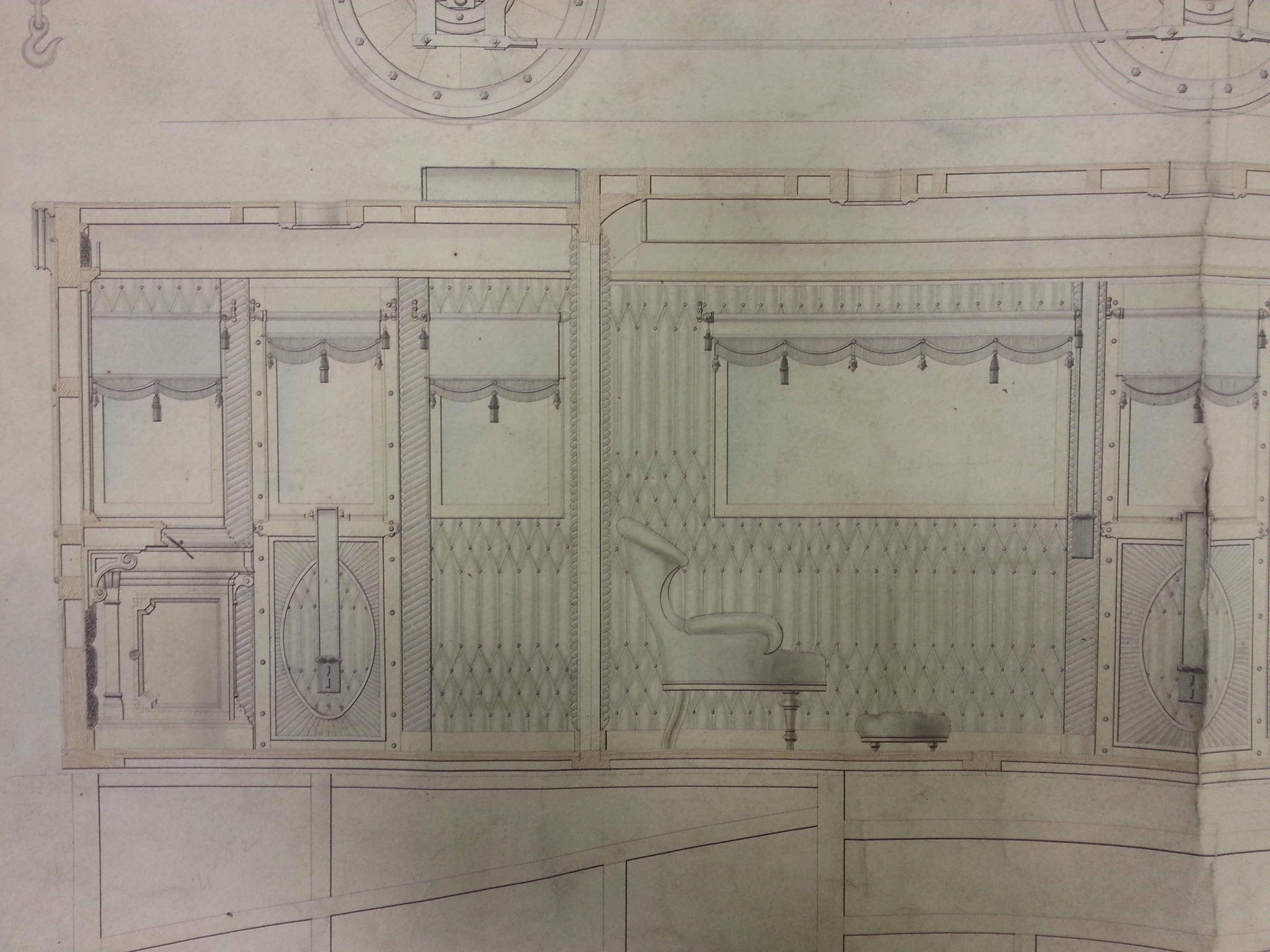Part of the drawing for the LCDR's Royal Saloon. The degree of detail the draughtsman has included demonstrates the pride in producing the drawing for such an important vehicle.