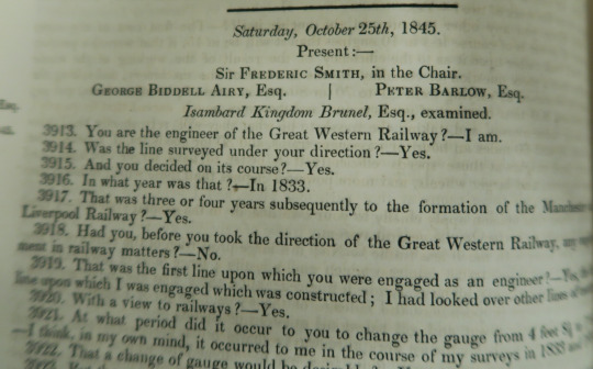 Brunel giving evidence to the Gauge Commissioners, who were set up in 1845 to determine the relative merit of the Broad and Narrow Gauge. Located in 1846 volume.