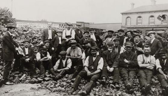 Navvies at Hammersmith station, about 1904. The navvies are probably building the Piccadilly Underground line, which linked Hammersmith to Finsbury Park. The line opened in 1906.