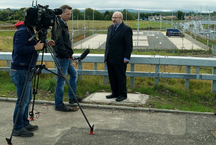 BBC Scotland interview Campaign for Borders Rail representative Allan McClean at Shawfair station, which is in the centre of 2km of entirely new formation and which will be the heart of a new housing development on the site of what was once Monktonhall colliery
