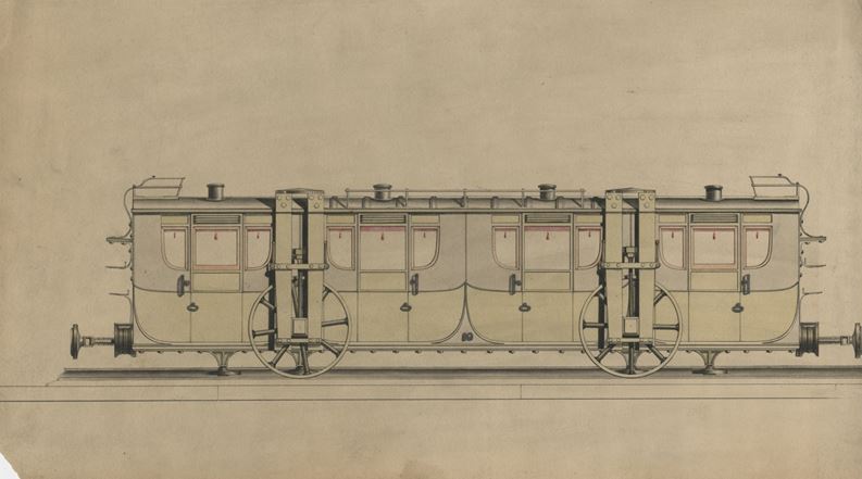 This drawing shows a carriage of the Paris, Sceaux and Limours Railway, also known as the Ligne de Sceaux, which ran from the centre of Paris into the southern suburbs. NRM Ref: ALS5/41/B/4