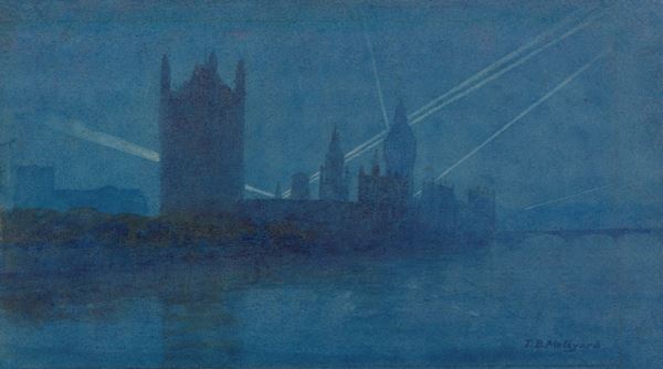 ('Search Lights over London', 1917, T B Meteyard - This item is available to be shared and re-used under the terms of the IWM Non Commercial Licence)