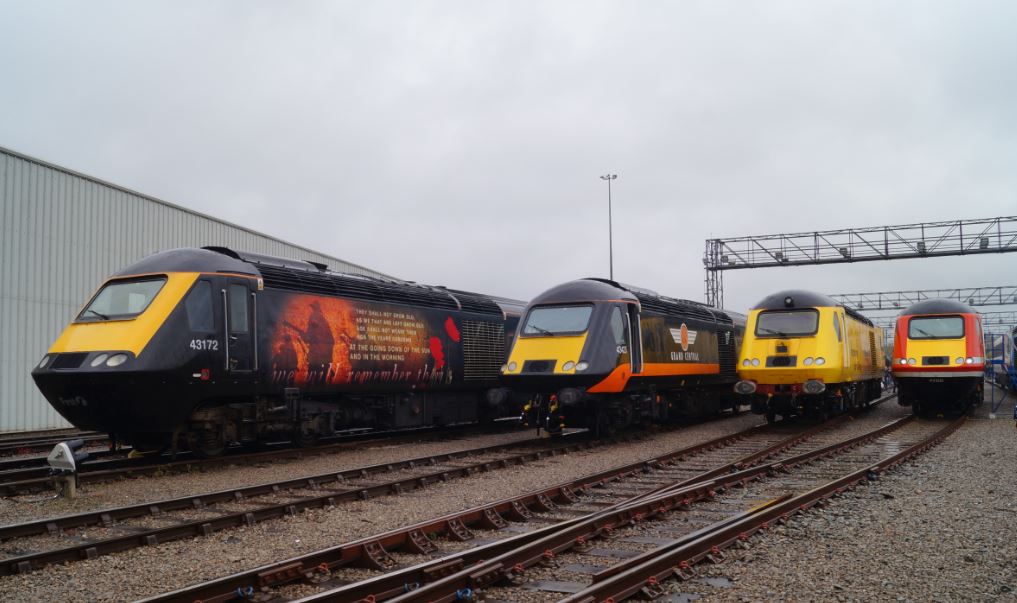 A line up of HST's at St Phillips Marsh Depot in Bristol, celebrated on Monday 2 May 2016
