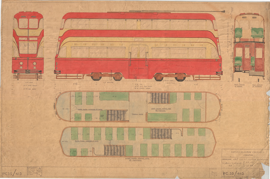 General arrangement D.D.T.C centre entrance car, 1936 (Image – PC35-413 Colour Tram for Darwen) (Ref: GEC/2/2/2/381)