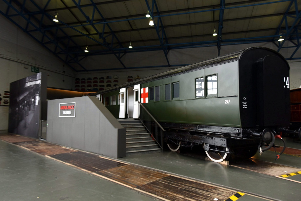 Ambulance Trains exhibition at the NRM. The livery of the NRM train is based on a First World War overseas ambulance train, very similar to this more recent train.