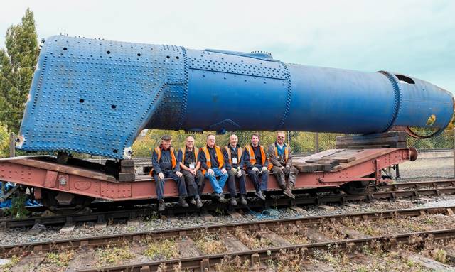 The boiler in the North Yard of the NRM York with the volunteer Engineering Team. The boiler will soon be leaving York for overhaul at the Llangollen Railway workshops.