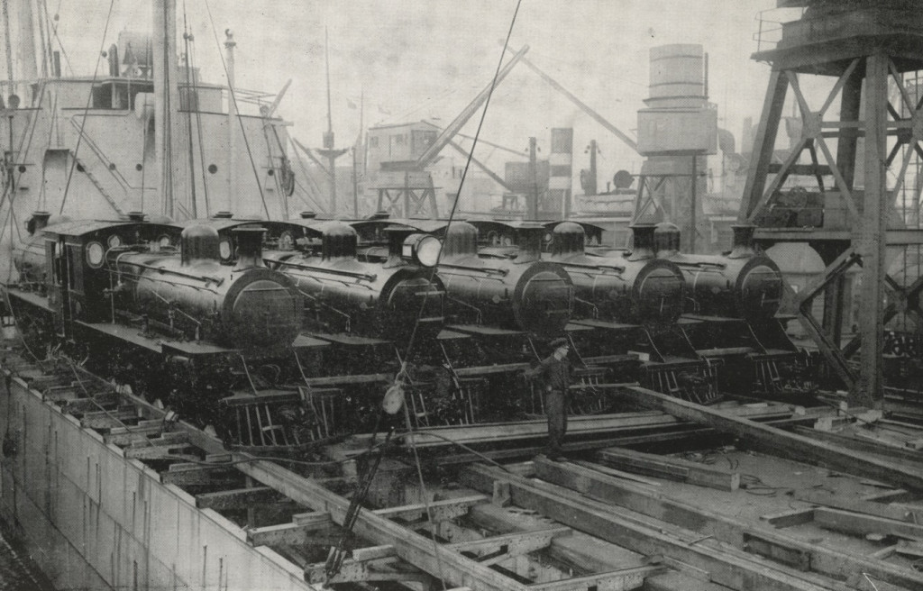 A Robert Stephenson and Hawthorns brochure depicts locomotives lined up ready for their voyage to India on a ship. [Ref: HL/5/5]