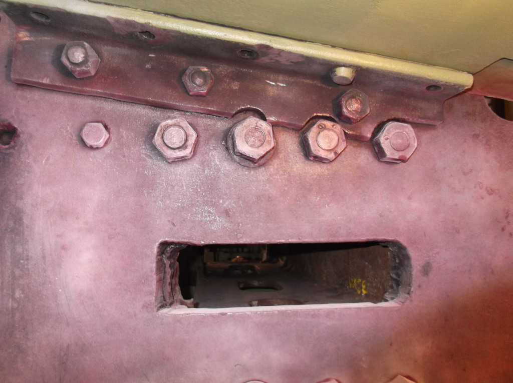 The outside of the frames in front of the right-hand cylinder was inspected in detail this week. The cutout for the conjugated valve gear is shown in the picture. It looks like when the cut off was increased and more valve movement was required the cutout was made bigger by the use of a gas axe.