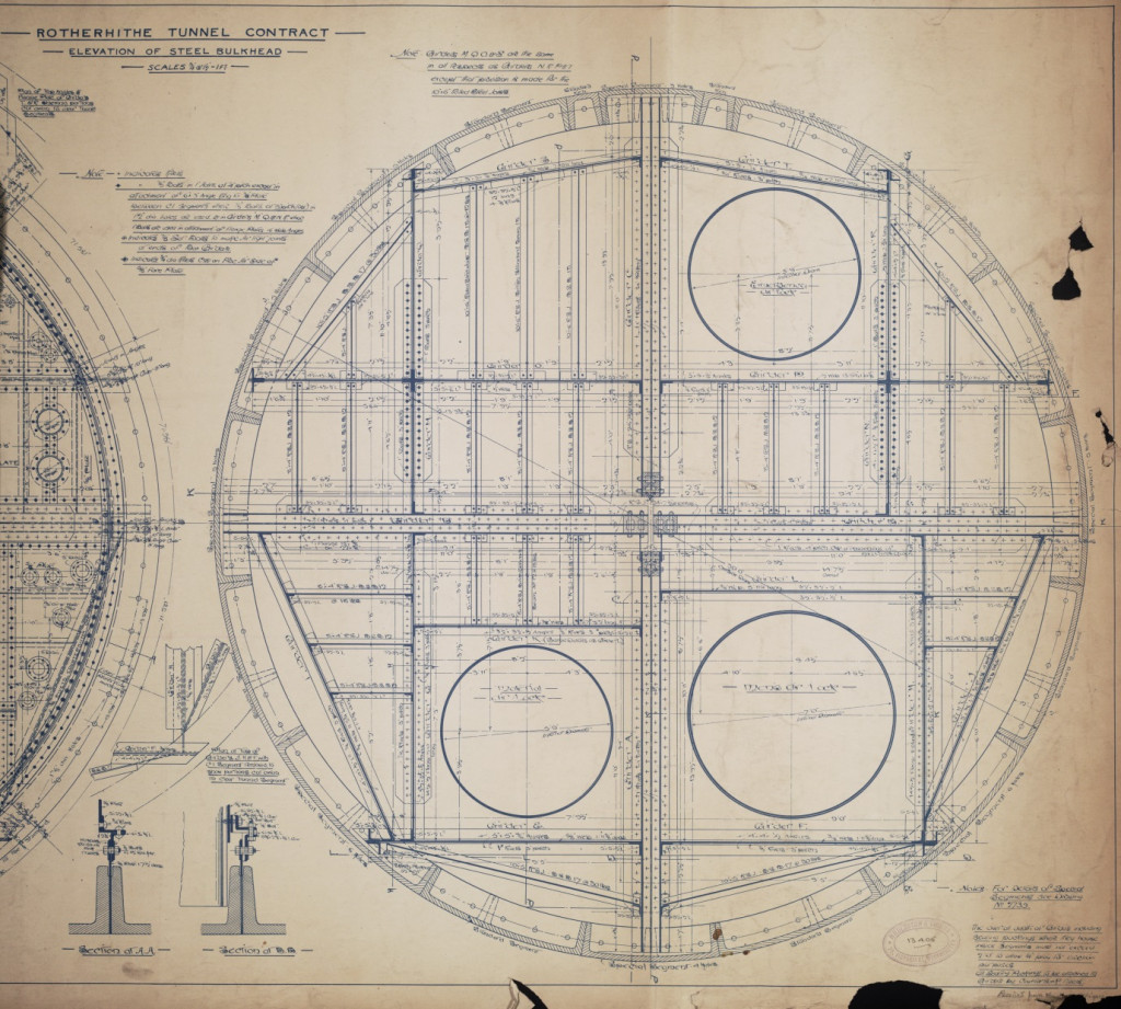 Elevation of Steel Bulkhead – The airlocks for materials and men were located on the bottom of the bulkhead, and the emergency lock was located on the top section. This was for use during a ‘blow’ or loss of air pressure and allowed the men to try to escape any flooding [Ref: P&R/9/6]