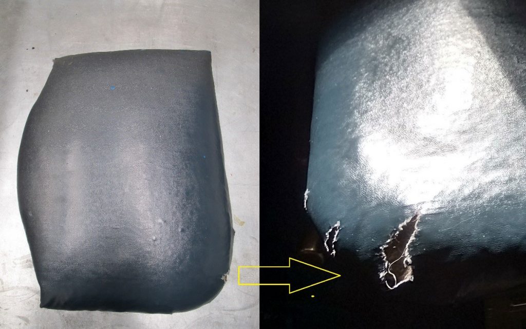 Two photos of a locomotive cab seat showing small rips to the blue leatherette.