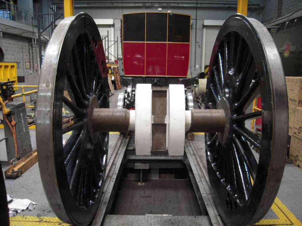 Driving wheelset from locomotive Sir Nigel Gresley in the workshop at the National Railway Museum.