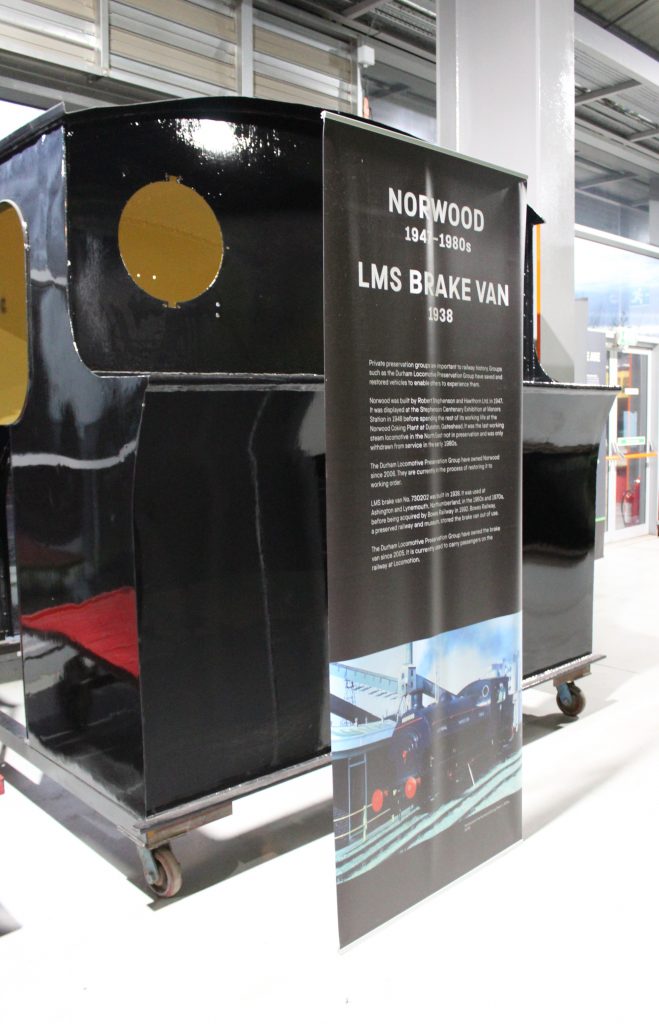 An LMS brake van with new interpretation panel in the Collection Building