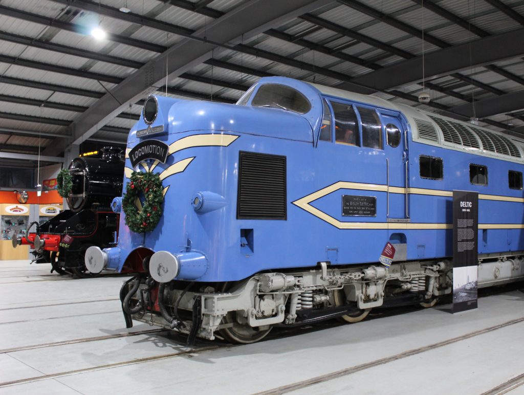 Prototype Deltic locomotive, with Christmas wreath and interpretation panel, in the Collection Building