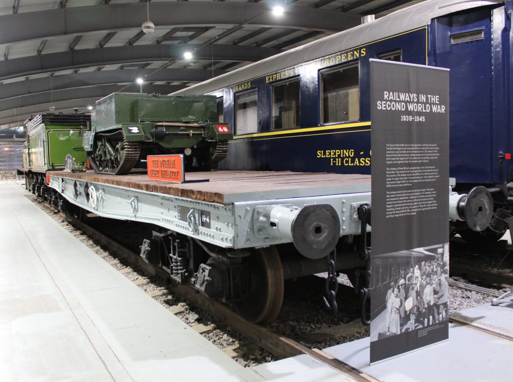 Rolling stock with an interpretation panel about railways during the Second World War