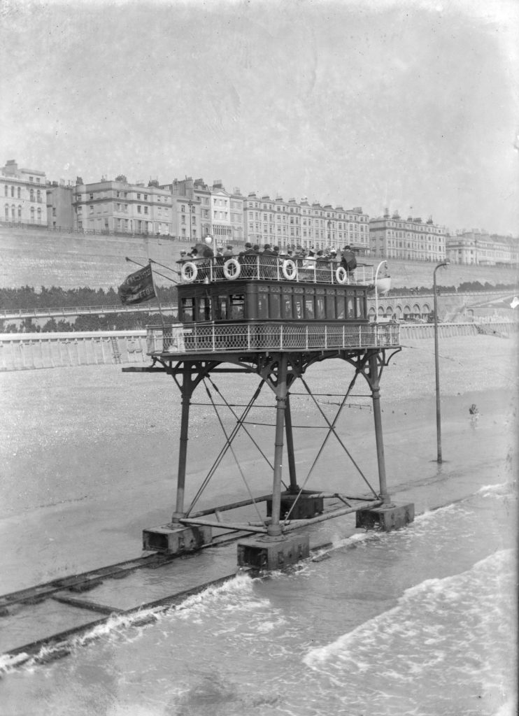 A view of the 'Pioneer' car in July 1898 shortly after departing from Palace Pier at low tide