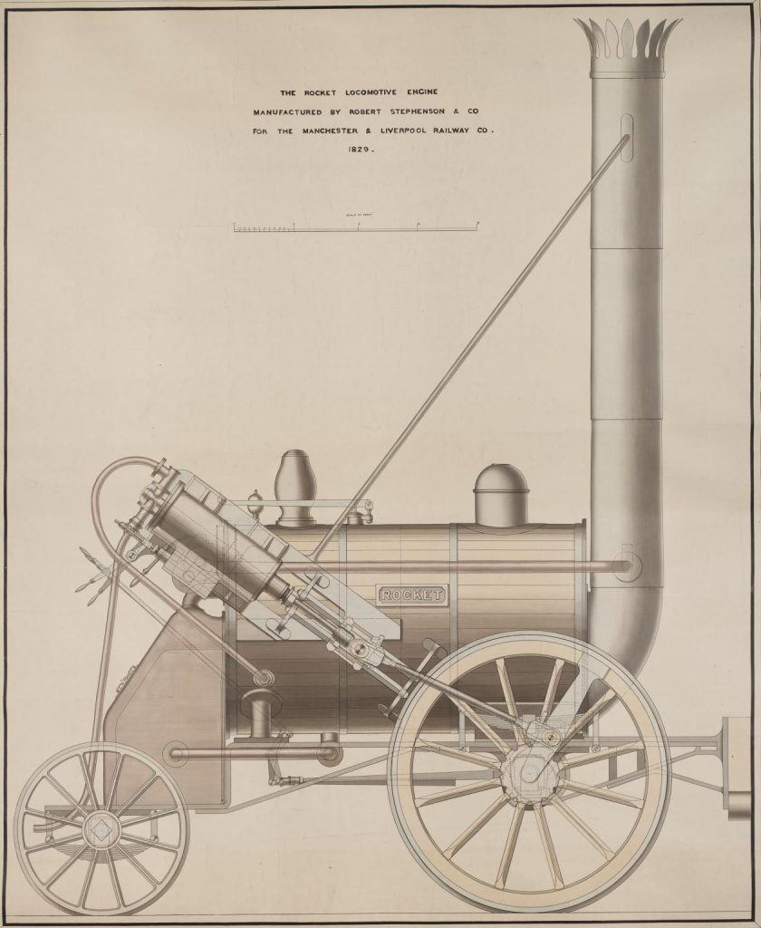 "The Rocket Locomotive Engine manufactured by Robert Stephenson & Co. for the Liverpool & Manchester Railway Co., 1829", coloured side elevation drawn by John Dobson Wardale, head draughtsman of R. Stephenson & Co., circa 1859.