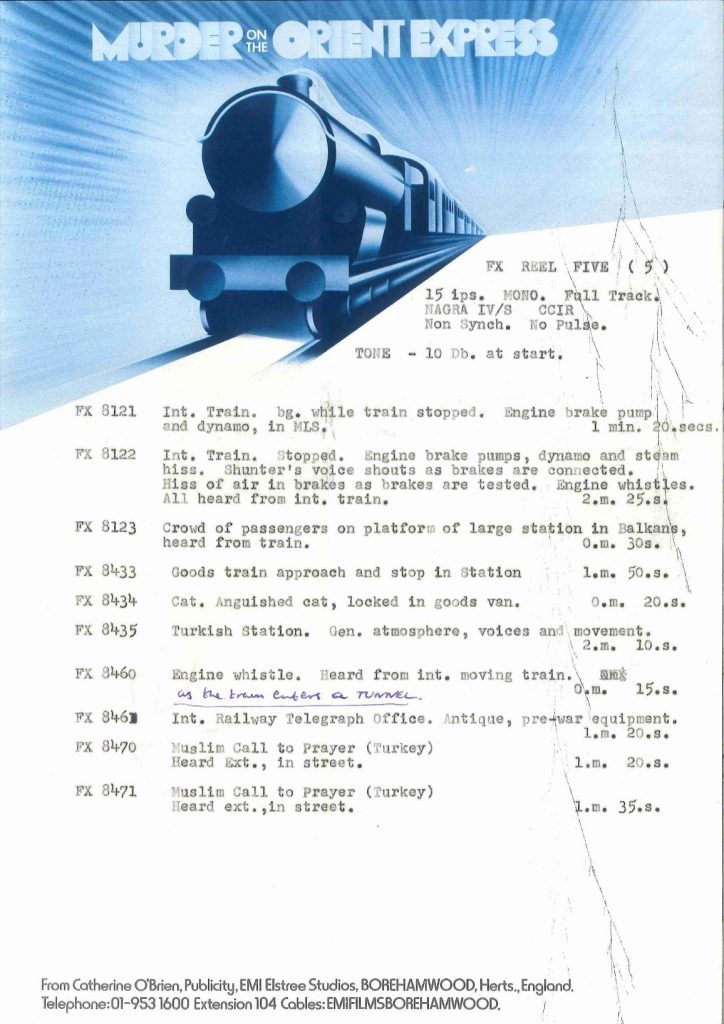 Recording sheet, sound effects Murder on the Orient Express