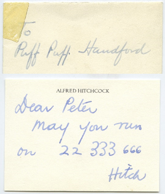 Note from Alfred Hitchcock addressed to “Puff Puff Handford"