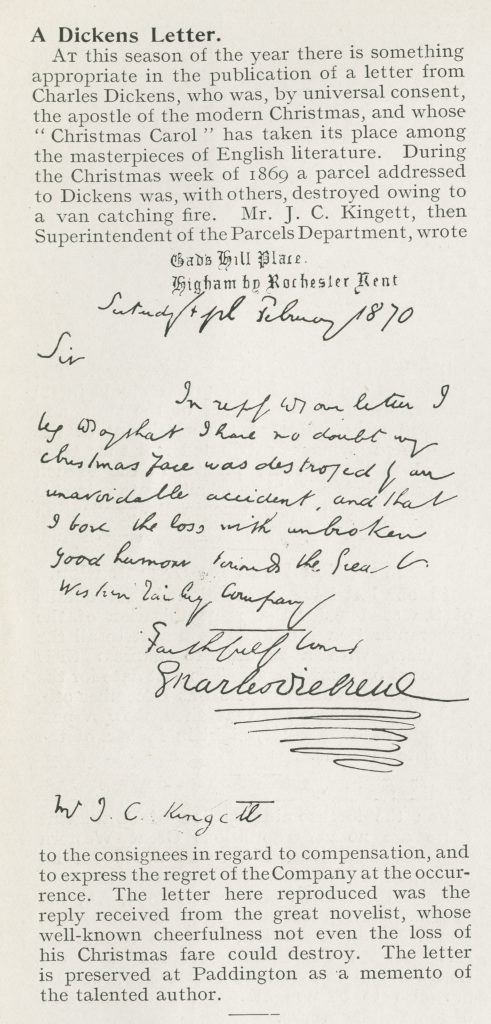 Facsimile of Dickens’ letter, Great Western Railway magazine 1908