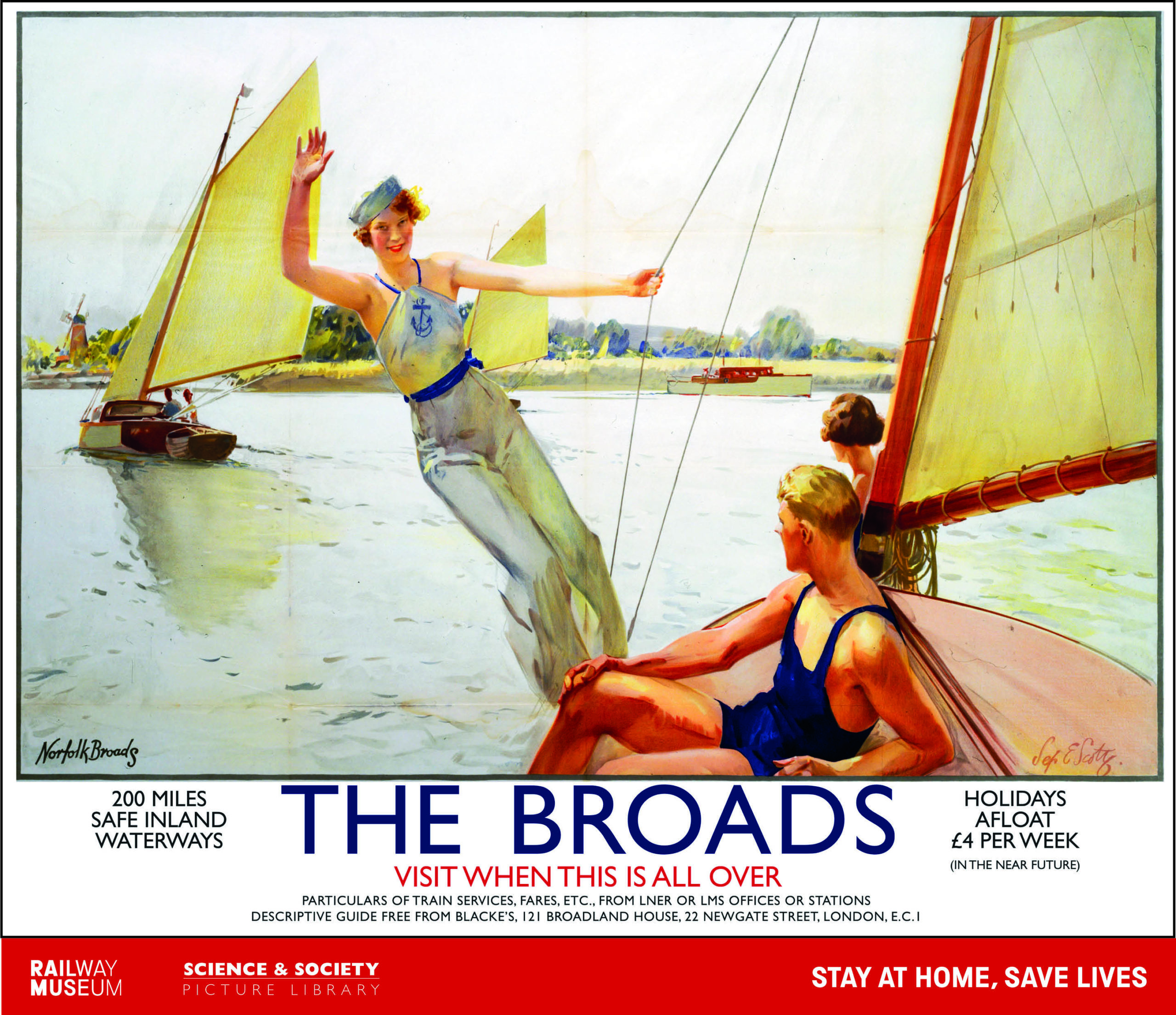 vintage style railway travel poster art of England Norfolk Broads
