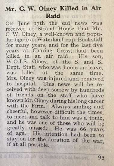 News of Mr Olney's death in an air raid