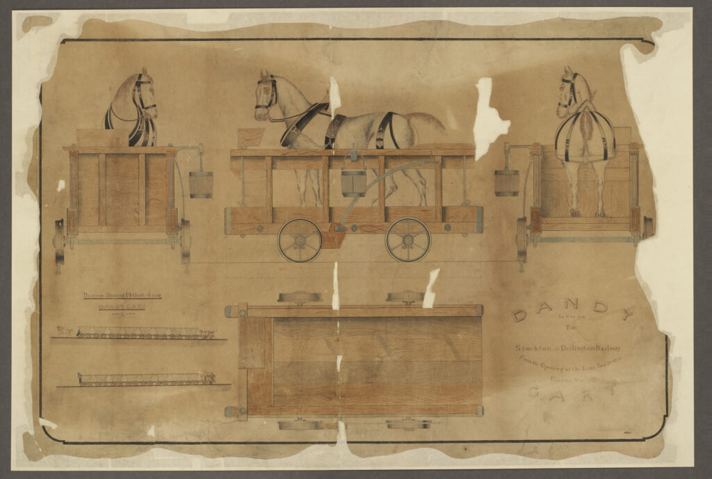 Image of an enigeering drawing showing a Stockton & Darlington Railway dandy cart carrying a horse in harness