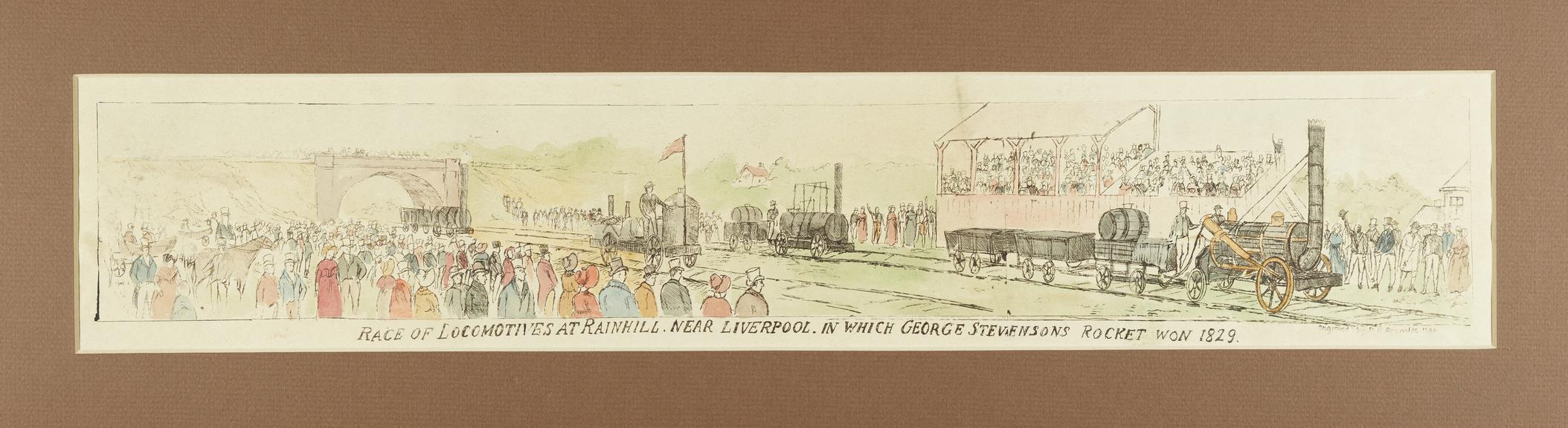 Print of locomotives at Rainhill trials, 1829.