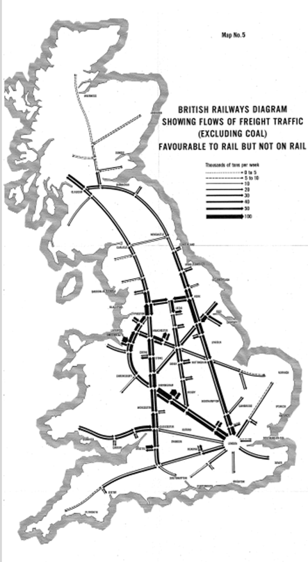 Map showing the flow of freight traffic favourable to rail but not on rail.