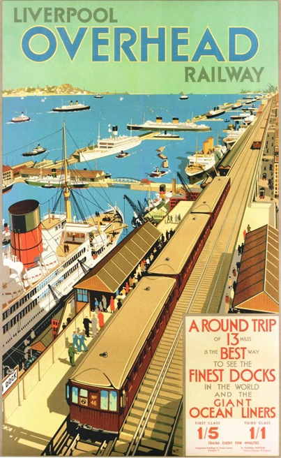 A colourful poster showing the Liverpool overhead railway.