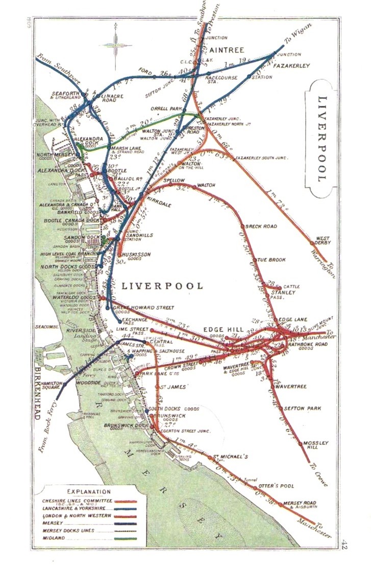 Railway Clearing House Map showing lines around Liverpool Docks, 1914.