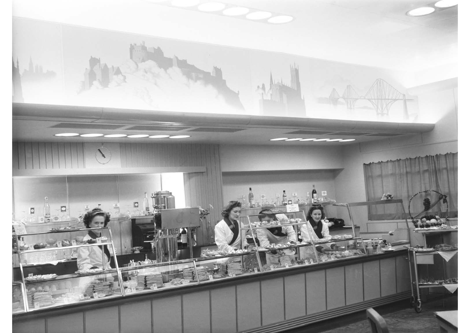 Serving counter at the railway buffet in Waverley station,Edinburgh, 1947.