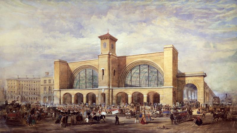 Watercolour, Arrival of Queen Victoria at King's Cross Station, by an unknown artist, possibly Lewis Cubitt, the station's architect, about 1852.