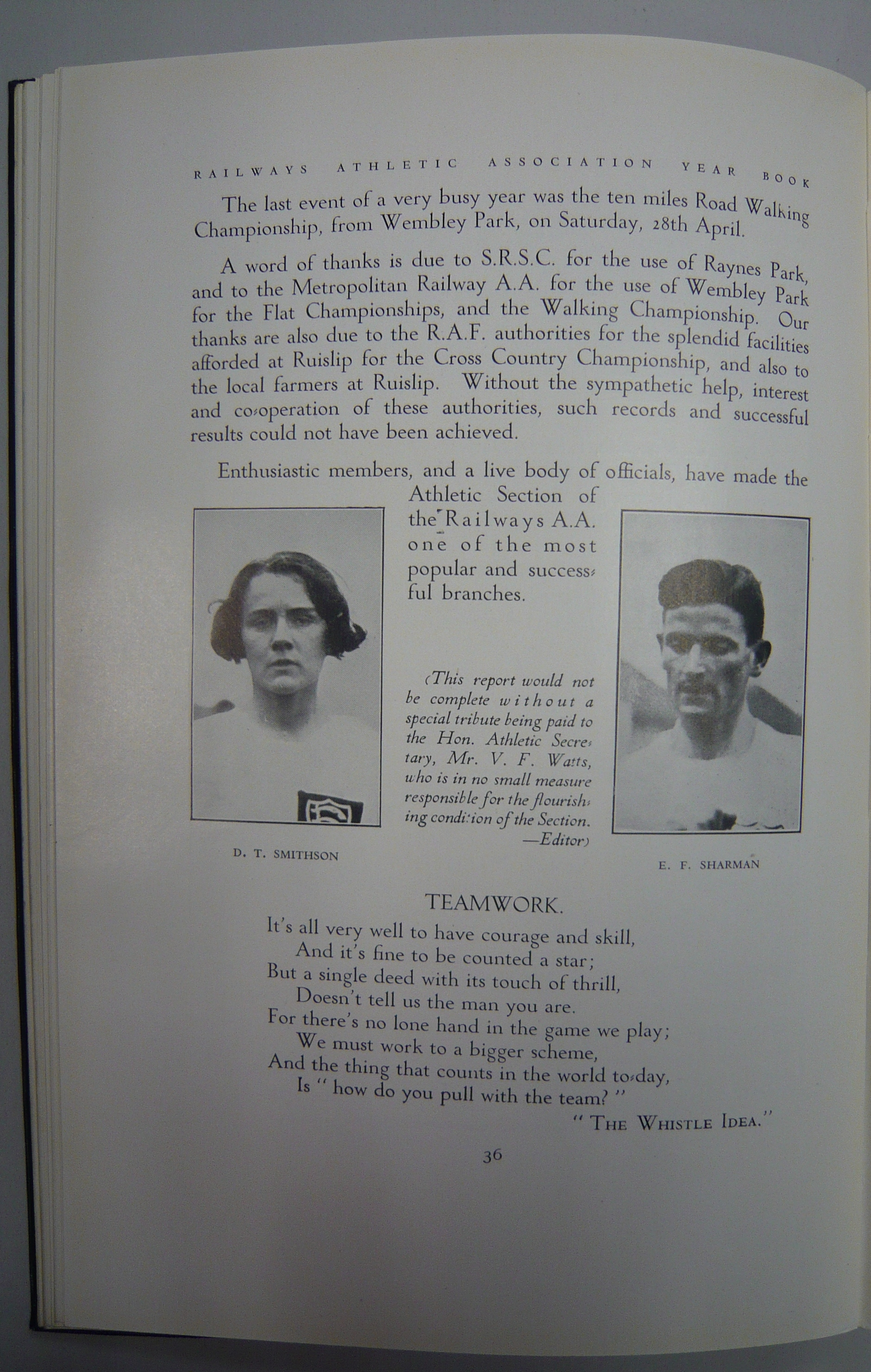1927-8 Year Book Winner of the 100 Yards Ladies race D. T. Smithson from the District Railway and winner of the two miles walk, E. T. Sharman from the Southern Railway.