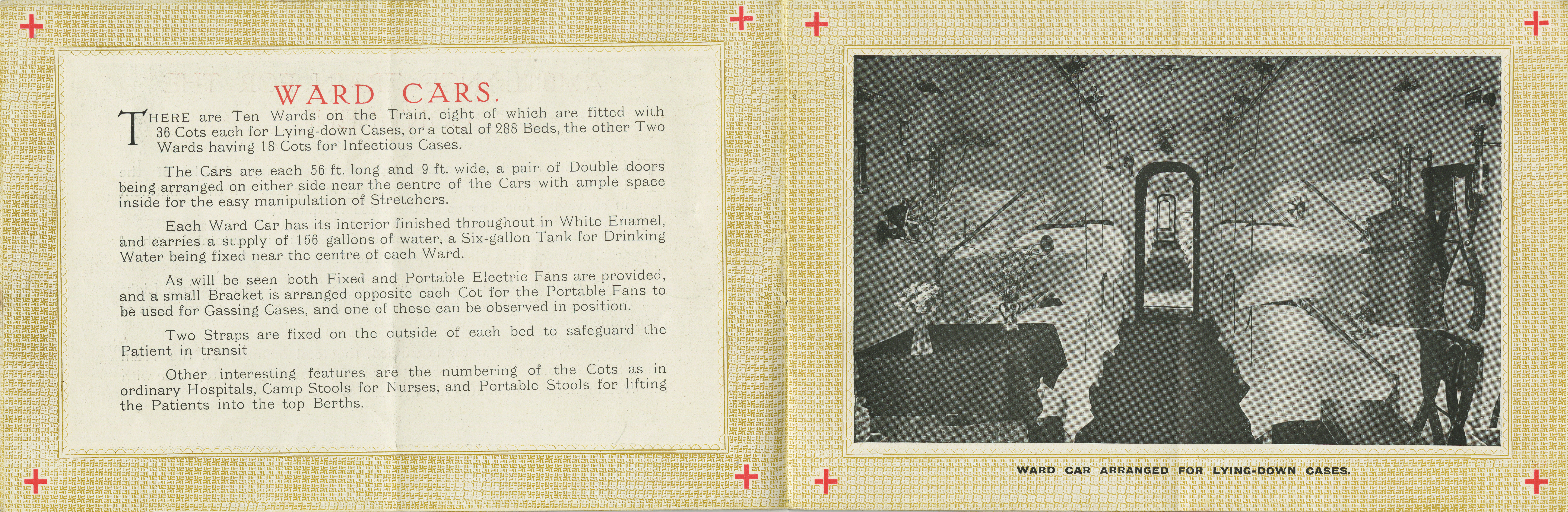 ‘Ward Cars’ Page describing ward cars and photograph of ward cars for lying down cases, shows flowers on table