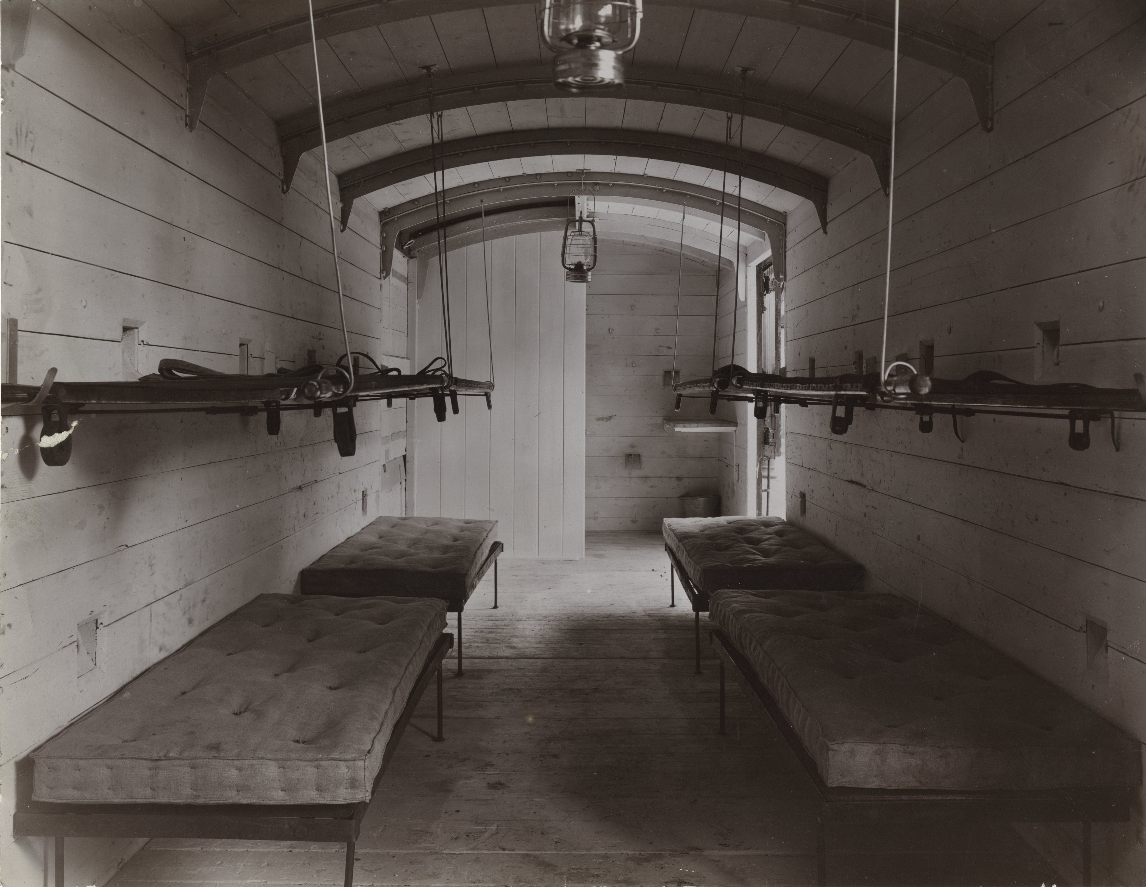Ambulance train converted wagon, York. Showing beds (Ref: NRM_1265_90)
