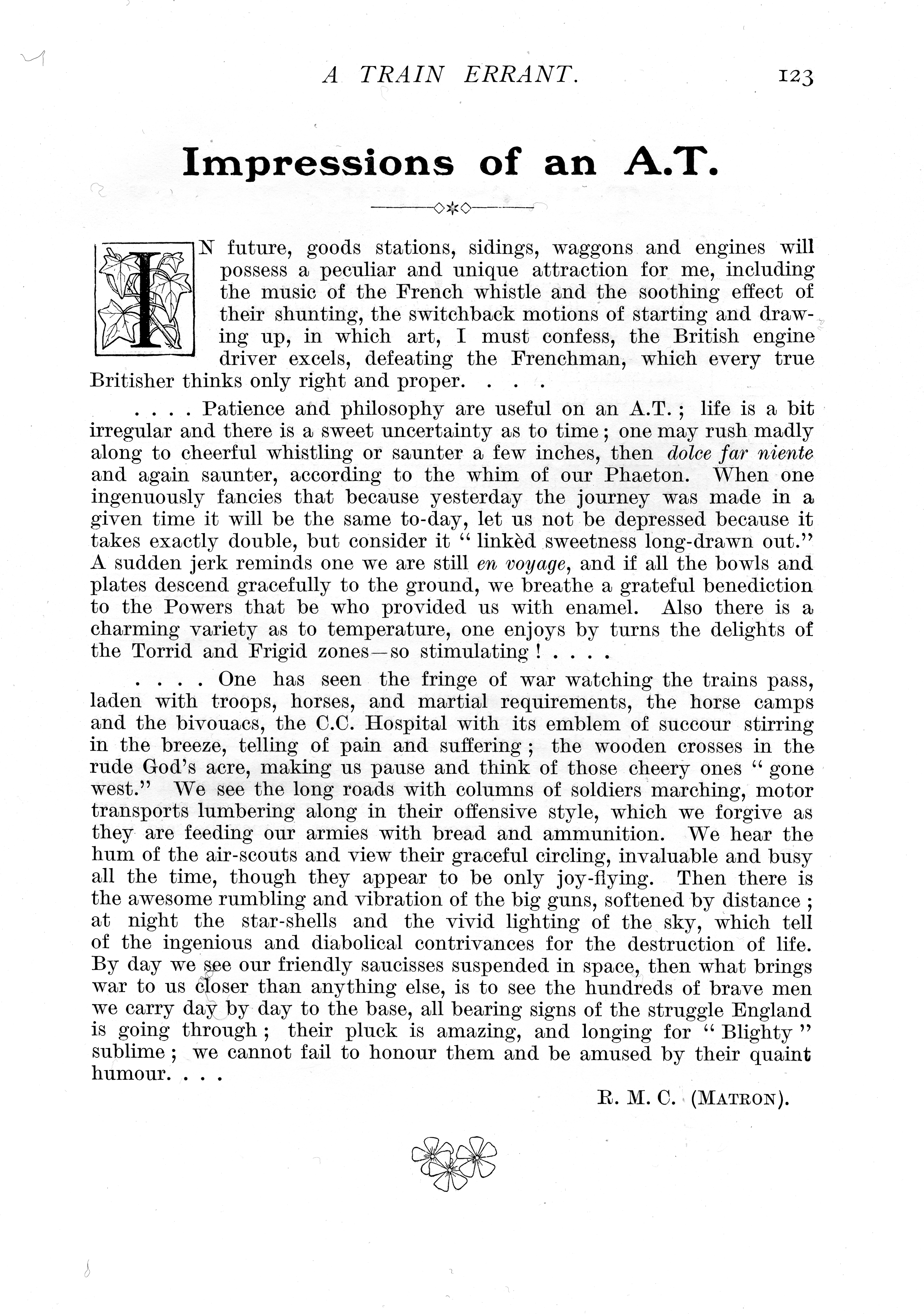 Impressions of an A.T. [ambulance train] by R.M.C. (Matron) 