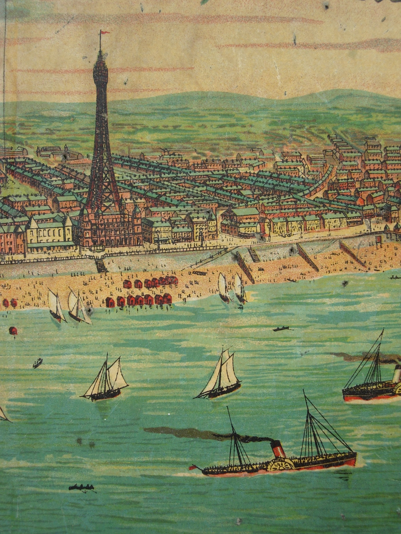 Detail before conservation of Blackpool Tower, bathing carriages and steamers